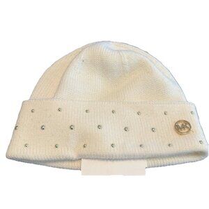 Michael Kors Women's Cream Studded Folded Hem Cozy Knit Beanie One Size NWT